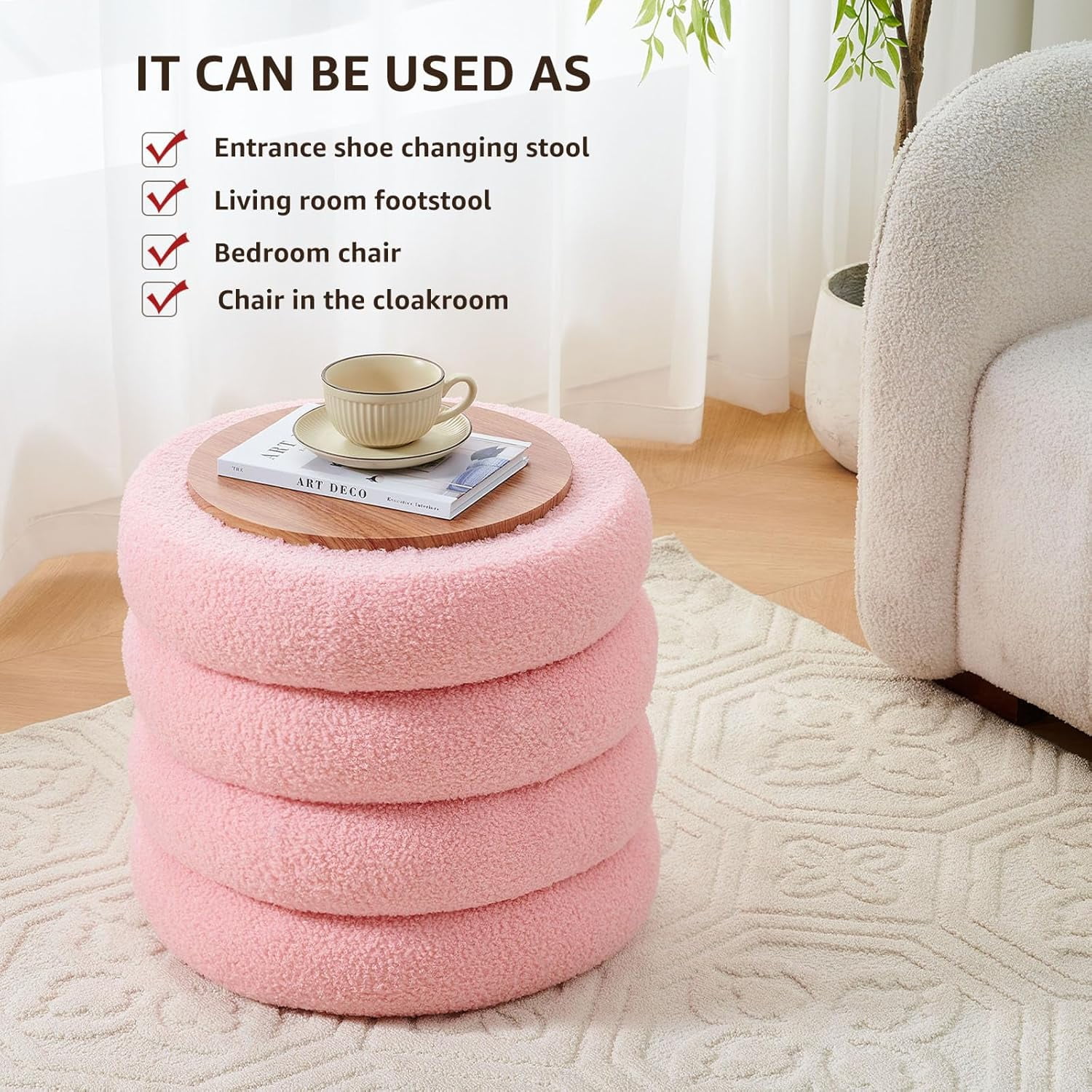 Casa Pura Furniture Round Storage Ottoman, Modern Sherpa Footstool, Teddy Vanity Stool with Flip-Top Tray, Upholstered Footrest for Living Room