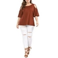 thumbnail image 6 of Unique Bargains Women's Plus Solid Strappy Cold Shoulder Trumpet Sleeve T-shirt, 6 of 6