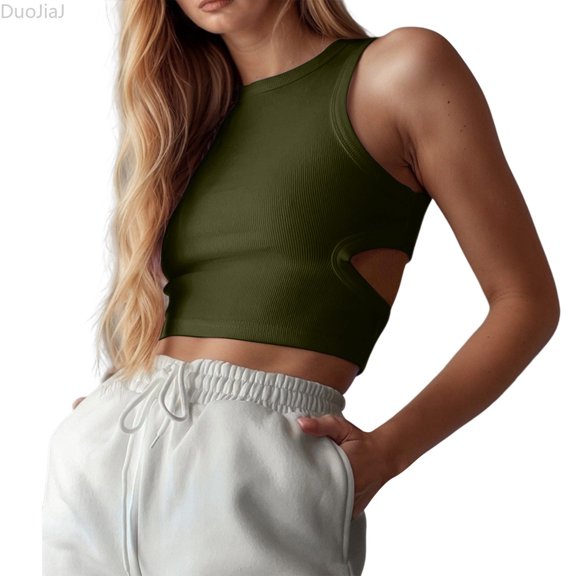 DuoJiaJ Stylish Women's Tanks And For Everyday And Casual Wear Sleeveless Hollow Out Design For Summer Perfect With Jeans And Sports Pants Women Cropped Tank Tops Green L