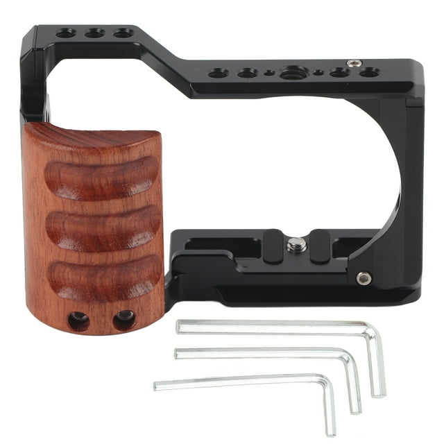 Camera Video Cage, Video Shooting Cage Aluminum Alloy Porous Design With Wooden Handle For ZV-E10 Camera