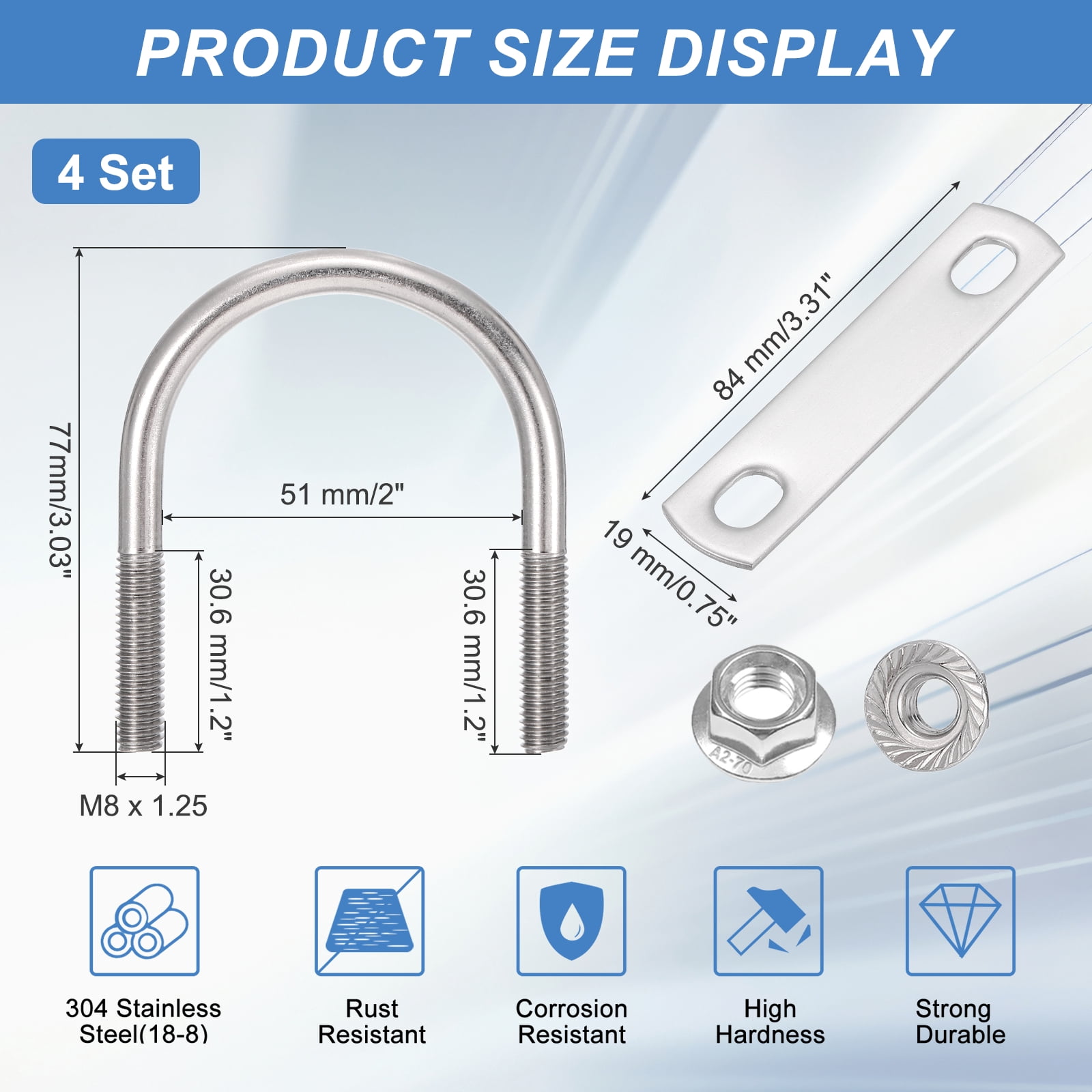 Uxcell 4 Set 2" Inner Wide Round U Bolts,  3-1/16" Length 304 Stainless Steel U-Bolts with Flange Hexagon Nuts, Frame Plates for Trailer, Automotive, (51mm W x 78.6mm L)
