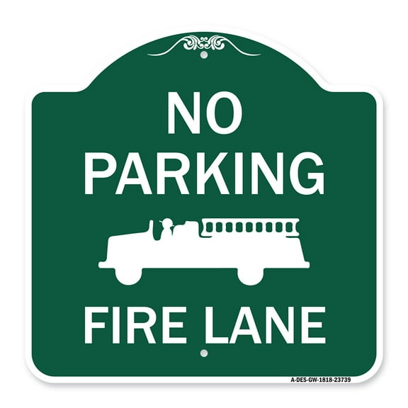SignMission A-DES-GW-1818-23739 18 x 18 in. Designer Series Sign - No Parking Fire Lane with Fire Truck Symbol, Green & White