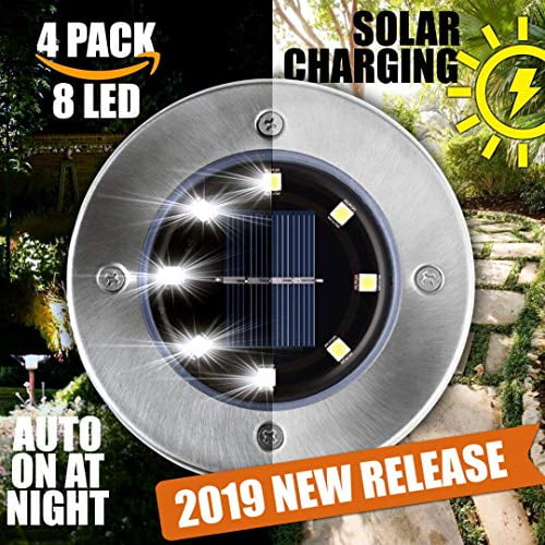 [4 Pack] Solar Powered InGround 8 LED Disk Lights Outdoor Decorative