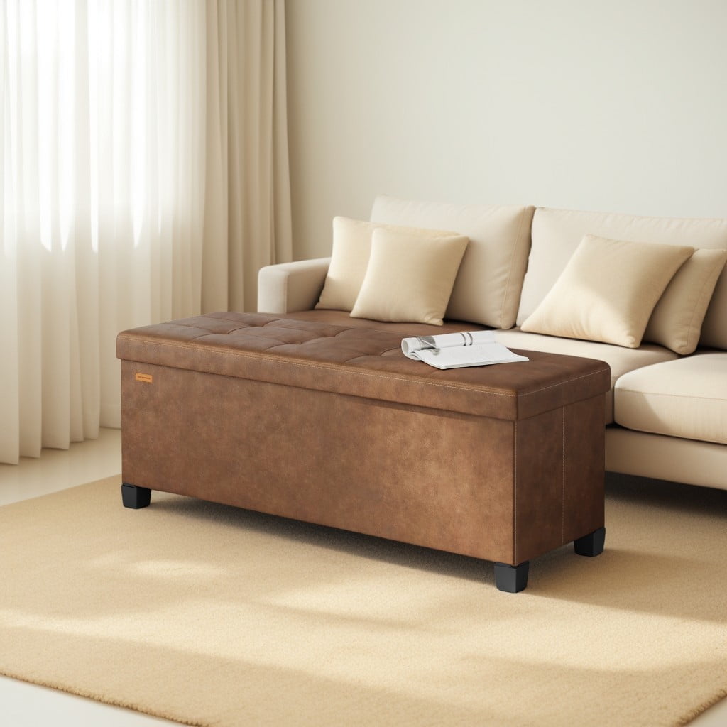 LEDREM 43-Inch Storage Ottoman Bench, 660 lb Capacity Foldable Footrest with 30 Gallon Storage, Synthetic Leather, Coffee Brown