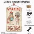 thumbnail image 3 of Funny Metal Pool Sign "Old People Swim Here" - Vintage Rustic Wall Decor for Pool, Patio, Humorous Outdoor Sign with Retro Design and Playful Characters, Summer Artwork Decor, 8x12 Inch, 3 of 9