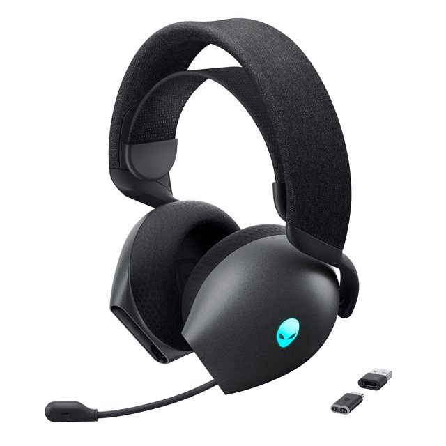 auriculares para juegos alienware tri-mode aw725h bluetooth 5.3 Auriculares inalámbricos AW725H en vista 3/4, negro con diadema ancha de tela y suspensión deslizante, copas ovaladas con almohadillas viscoelásticas cubiertas de tela y logo Alienware iluminado en turquesa; micrófono desmontable con brazo flexible y adaptadores USB‑C y dongle USB visibles, compatibles con Bluetooth 5.3 y Dolby Atmos, a menudo usados también para streaming y grabación de voz.