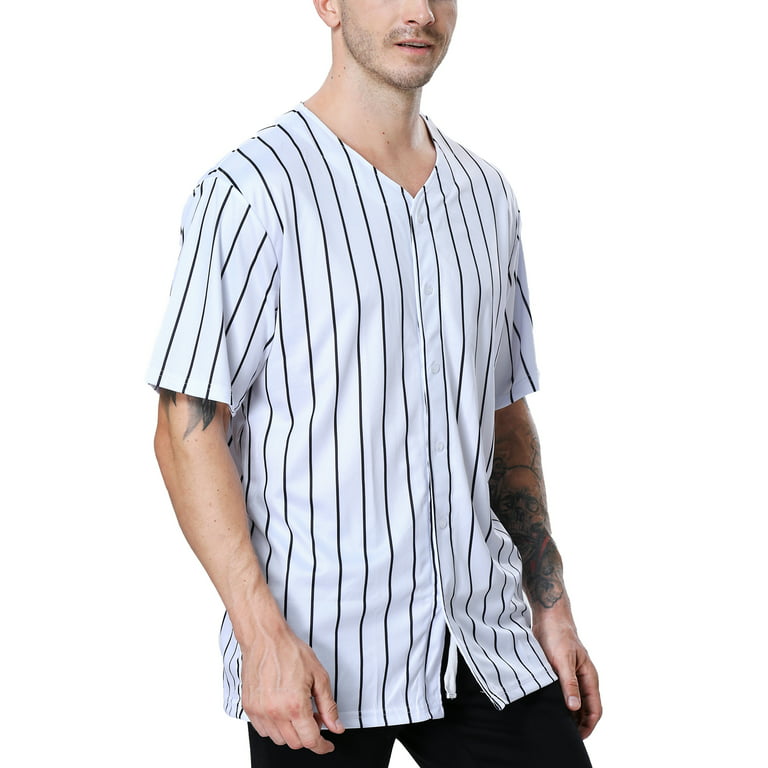 Toptie Sportswear Pinstripe Baseball Jersey for Men and Boy, Button Down  Jersey-white black-XL