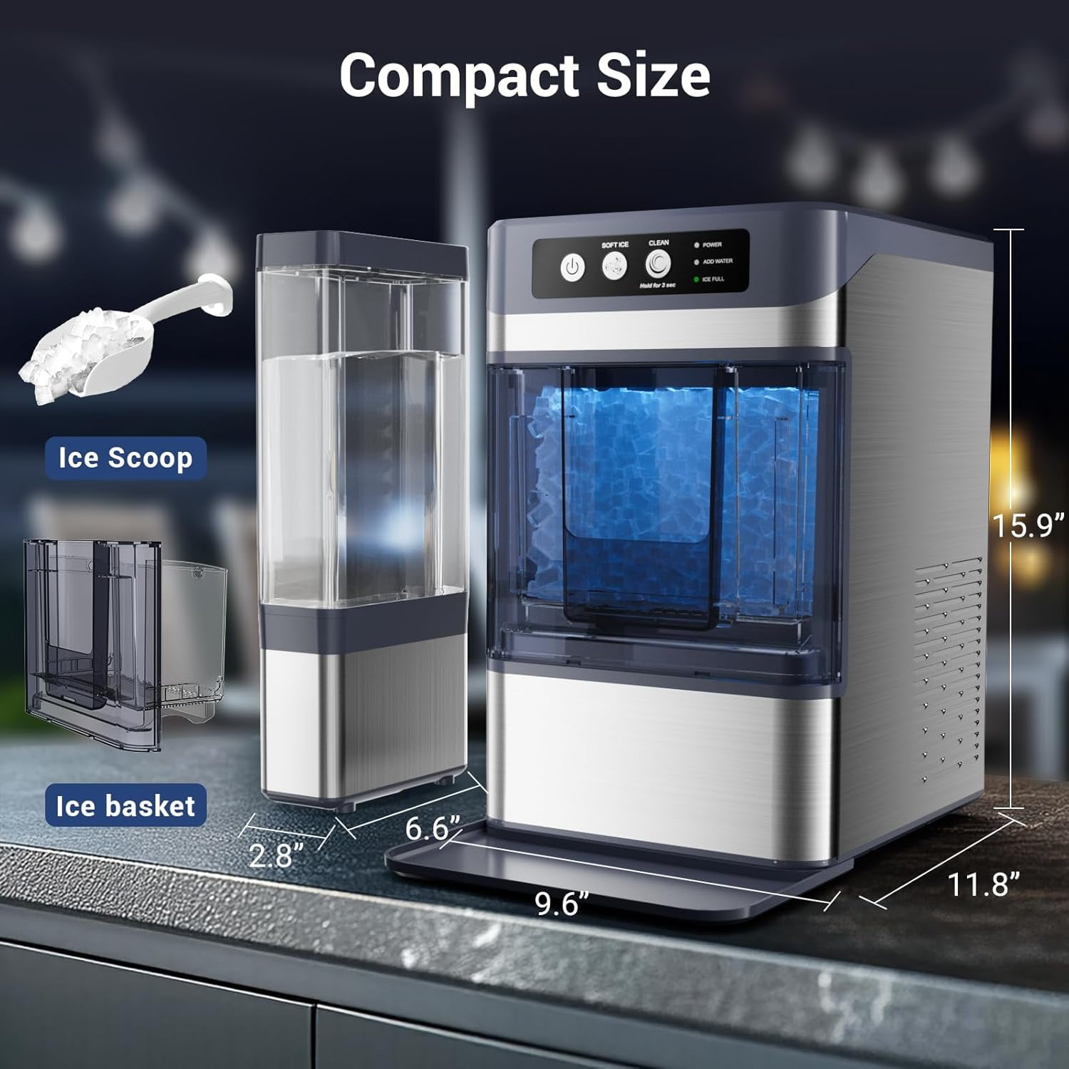 Countertop Ice Maker, Self-Cleaning Nugget Ice Machine for Home, 43Lbs/24H, Soft Chewable Pellet Ice, Stainless Steel, Portable for Kitchen Office Bar