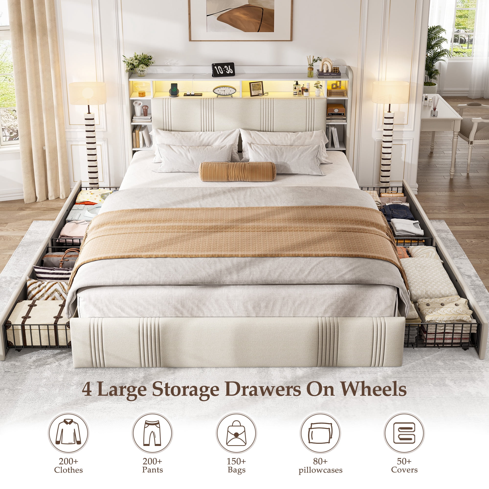 EnHomee Queen Size Bed Frame with 4 Drawers & 3-Tier Storage Shelf Upholstered Bed Frame Queen with Headboard Bed Frame Queen with LED Lights & Charge Station, No Box Spring Needed, No-Noise, Beige