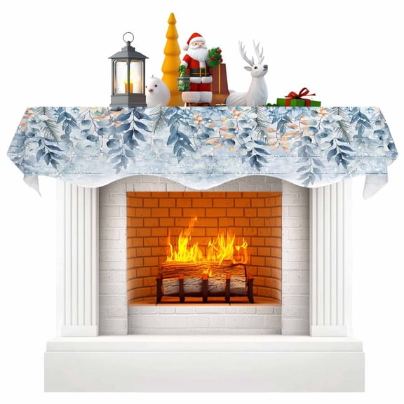 Blue Eucalyptus Fireplace Mantle Scarf, Christmas Leaves Poinsettia Farmhouse Wooden Mantel Cover Table Runner for Home Living Room Door Window, Indoor Outdoor Holiday Party Decor 17" x 60"
