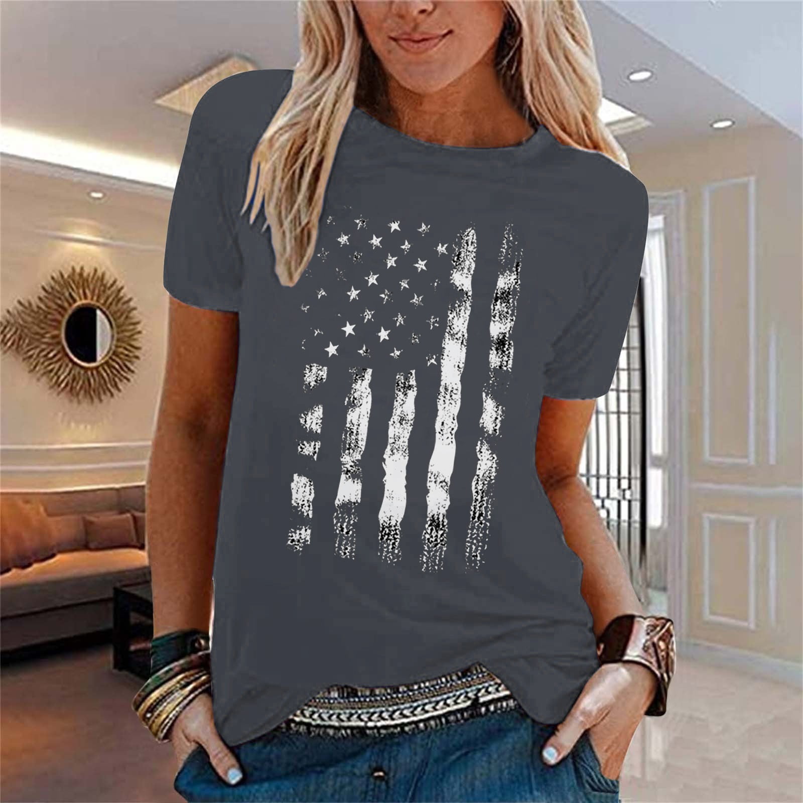 B91xZ Womens Spring Tops Women Casual Independence Day Flag Print T ...