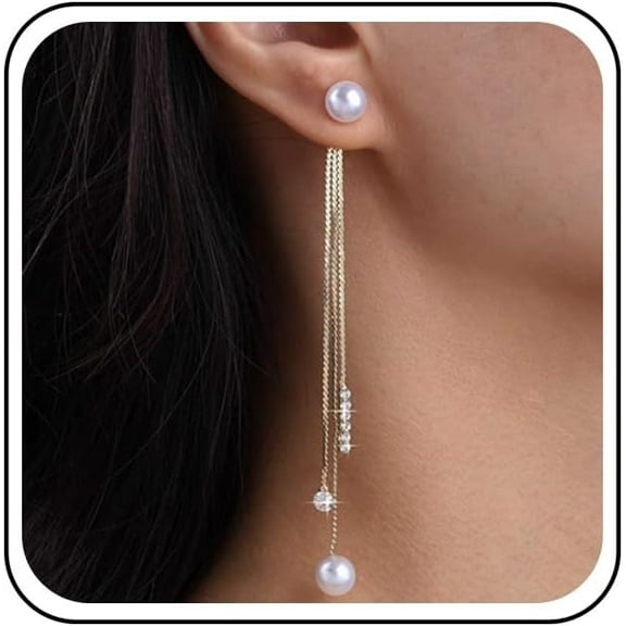 Bohemian Crystal Pearl Jacket Earrings Gold Cz Bar Dangle Earrings Long Pearl Tassel Chain Drop Earrings Pearl Rhinestone tassel Earrings Jewelry for Women Gifts