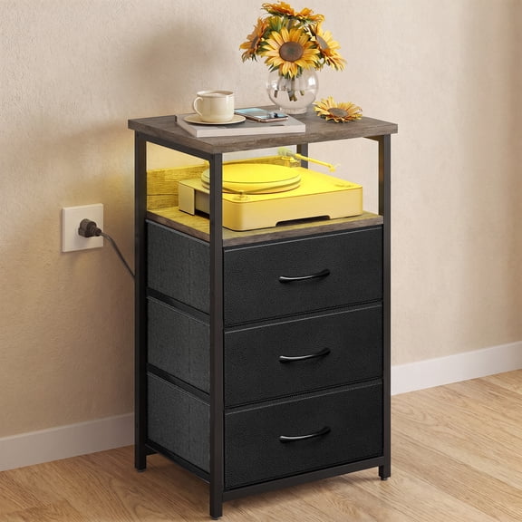 Tomnk LED Dresser with Charging Station, Bedside Table Night Stand with 3 Fabric Storage Drawers, Gray