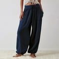 thumbnail image 6 of Womens Casual Loose Fit Wide Leg Cotton Pants Drawstring Stitching Baggy Pants Trousers with Pockets Dark Blue S, 6 of 9