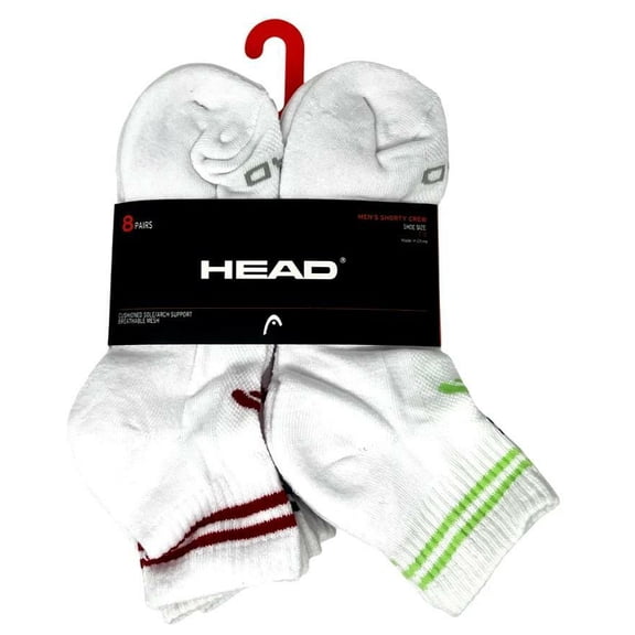 HEAD MEN'S SHORTY CREW 8 PAIRS SOCKS WHITE SHOE SIZE 7-12