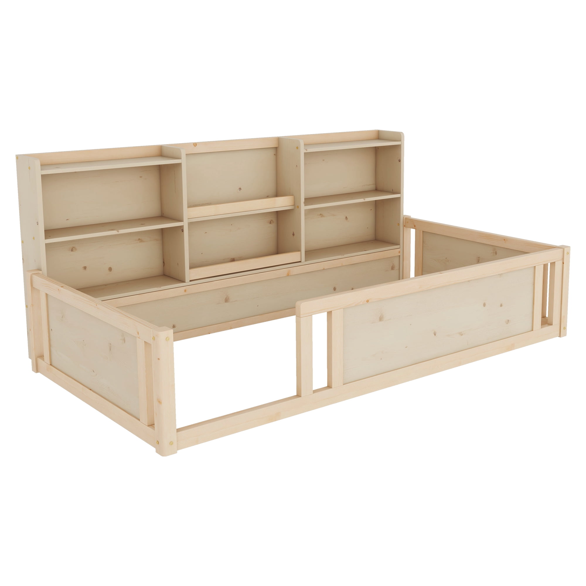 Mintazer Twin Size Montessori Floor Bed with Bookcase Headboard & Guardrails, Kids Platform Bed Frame with 6 Cubby Storage Shelves for Bedroom, Natural