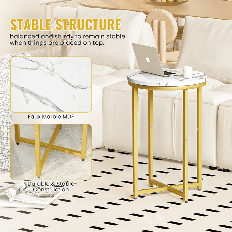 Baxluxe Round End Table Set of 2, Faux Marble Golden Side Table with Metal Base, Living Room Small Coffee Table Nightstand Bedside Table, 2 Pieces Sofa End Table for Living Room, Bedroom, Gold