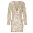 thumbnail image 4 of Herrnalise Women's Fashion Lantern Sleeve Sequins WaistedHip Long Sleeve V-Neck Dresses S-2XL, 4 of 6