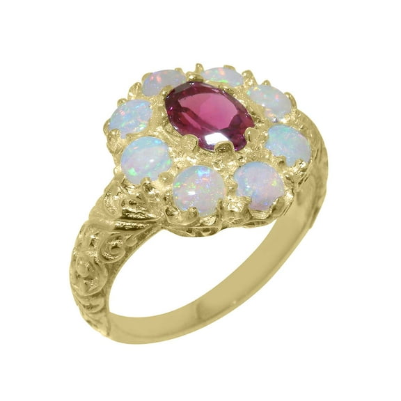 LBG British Made 14k Yellow Gold Natural Pink Tourmaline & Opal Womens Statement Ring - 33 size options - Size 10