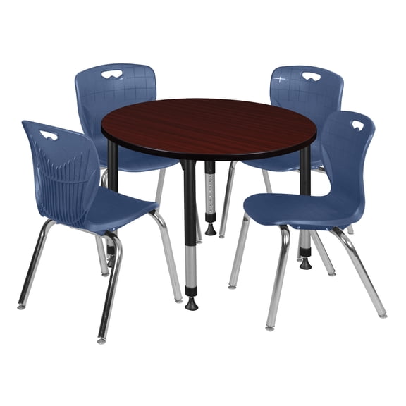 Regency Kee 42" Round Height Adjustable Classroom Table - Mahogany & 4 Andy 18-in Stack Chairs- Navy Blue