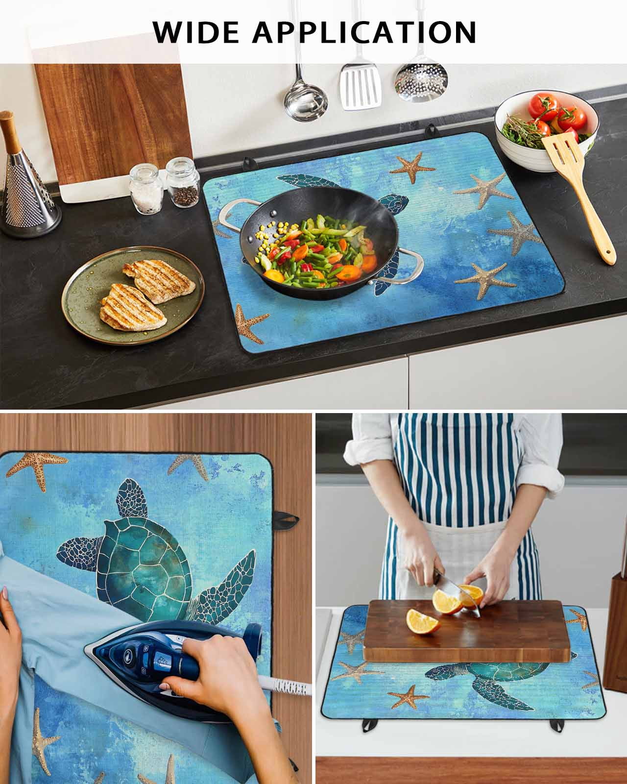 nqOlkjepod Large Induction Cooktop Protector Mat 24"x21", Turtle Stove Top Covers for Electric Stove, Coastal Blue Starfish Ocean Sea Vintage Stove Burner Cover Mats, Glass Top Stove Cover