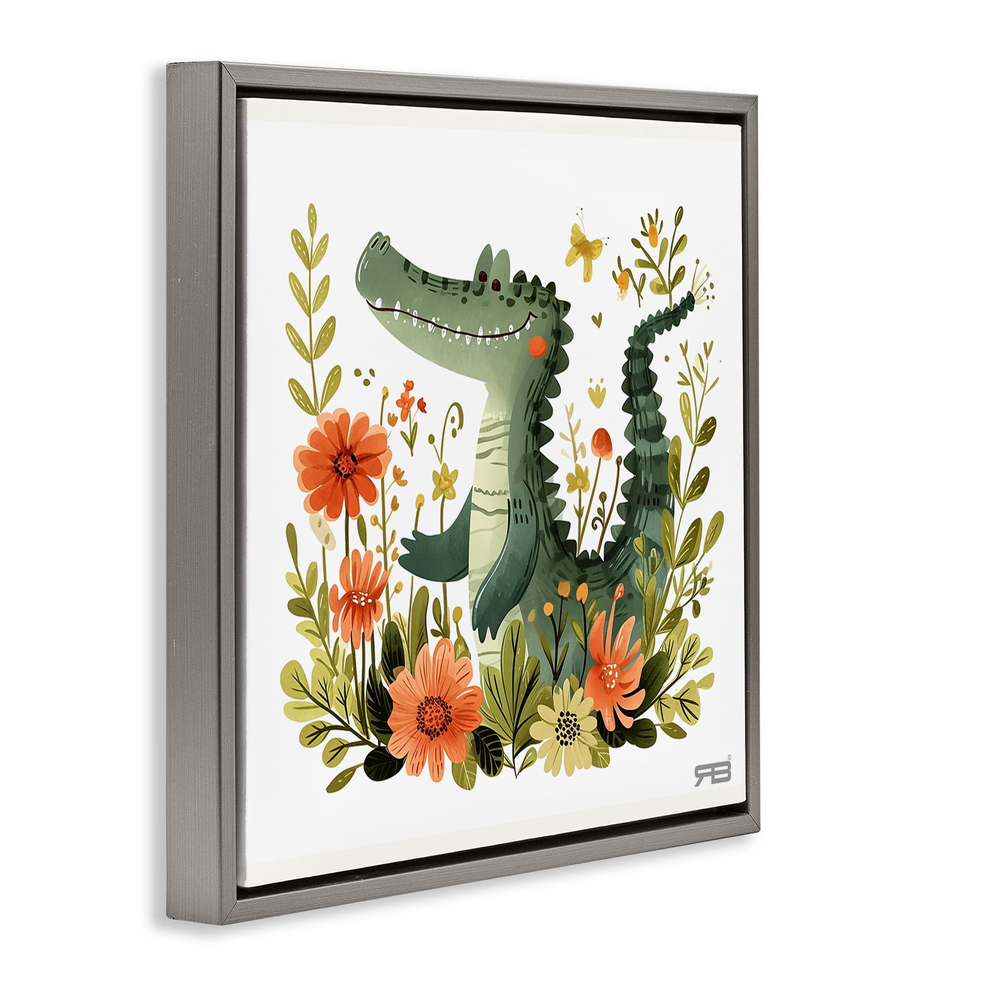 Stupell Industries Floral Happy Alligator Animals Painting Gray Floater Framed Canvas Art Print Wall Art, 18 x 18