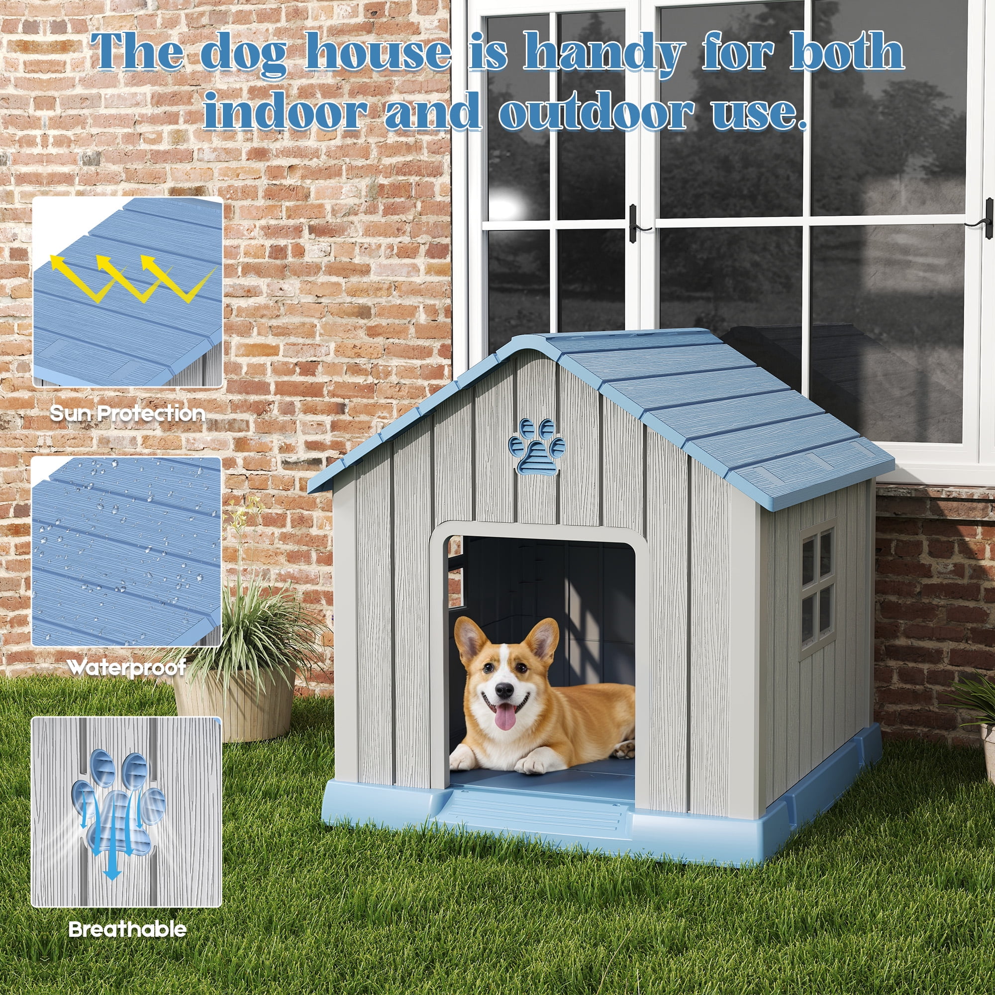Nihsuao Dog House, Weatherproof Resin Dog House for Small Medium Dogs with Air Vents & Windows, Elevated Floor, Pet Shelter for Indoor & Outdoor, Blue ,31" L x 33.3" W x 33.5" H