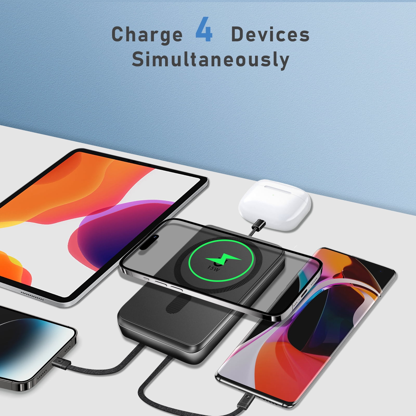 Yelomin Magnetic Wireless Portable Charger, 10000mAh Power Bank with Built in 2 Cables, Foldable Stand,22.5W Fast Charging Phone Charger Compatible with iPhone 17/16 Series, Samsung, Android, Black