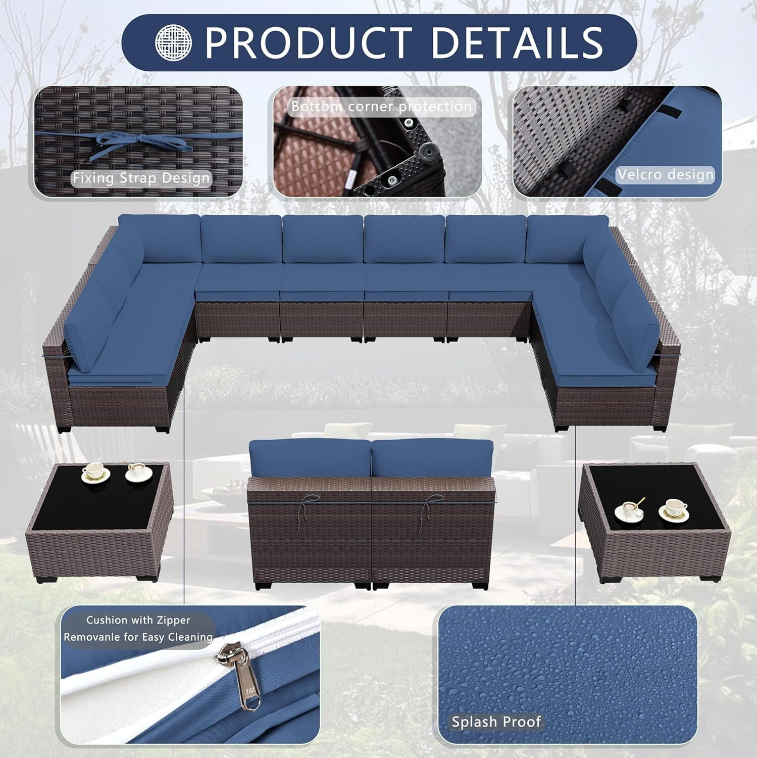 ASJMR 14 Pieces PE Rattan Patio Furniture Conversation Set Outdoor All-Weather Sectional Sofa Set For Garden Backyard,Navy