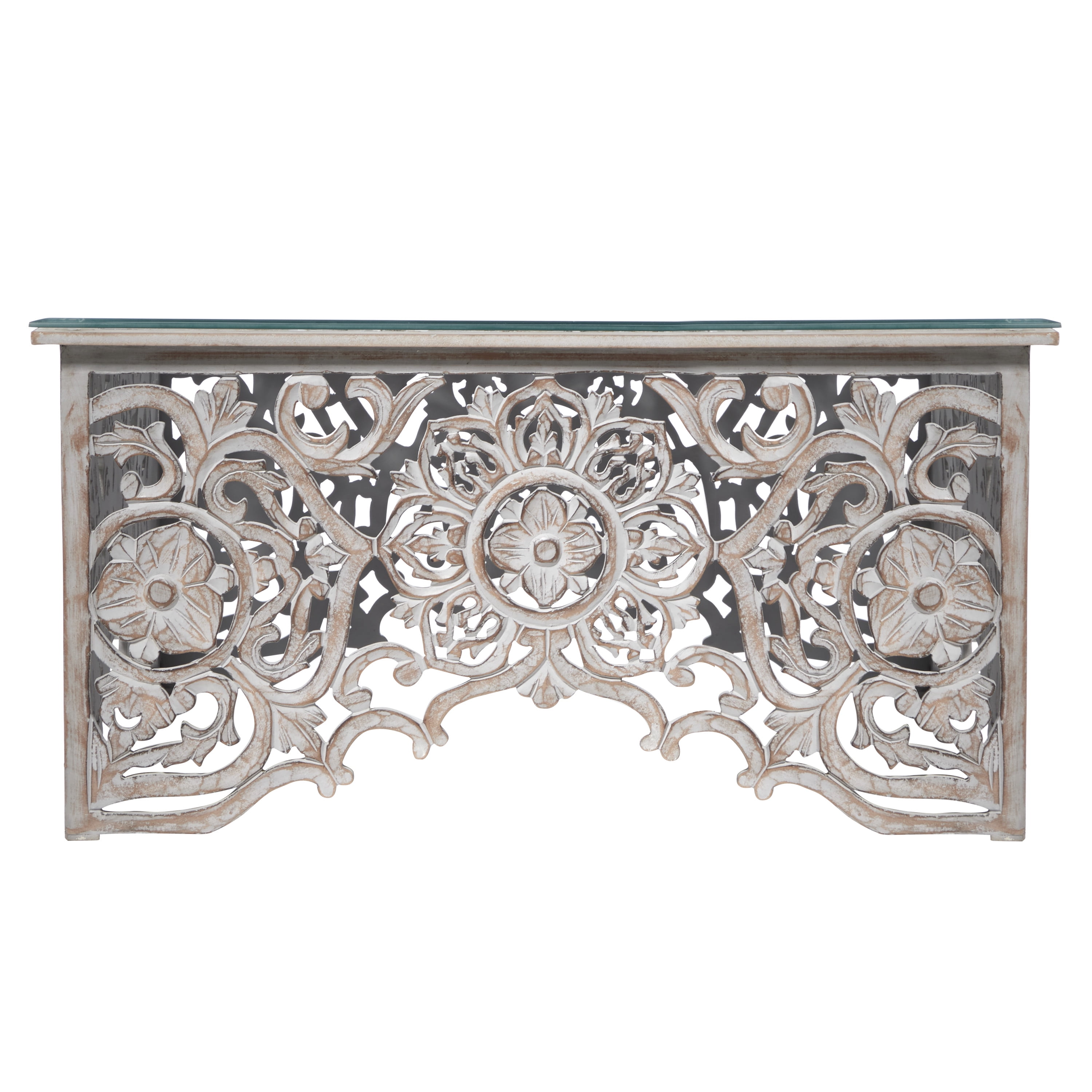 DecMode 36" x 19" White Wood Handmade Intricately Carved Floral Coffee Table with Clear Glass Top, 1-Piece