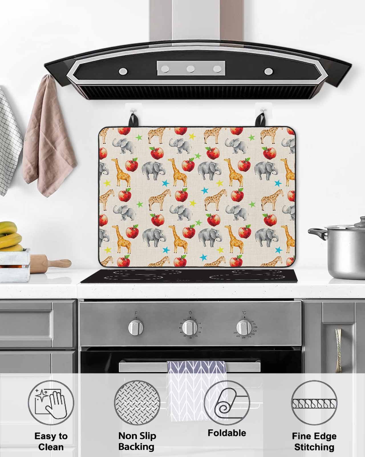 nqOlkjepod Large Induction Cooktop Protector Mat 24"x21", Giraffe Elephant Stove Top Covers for Electric Stove, Fruits Cute Linen Texture Decorative Stove Burner Cover Mats, Glass Top Stove Cover