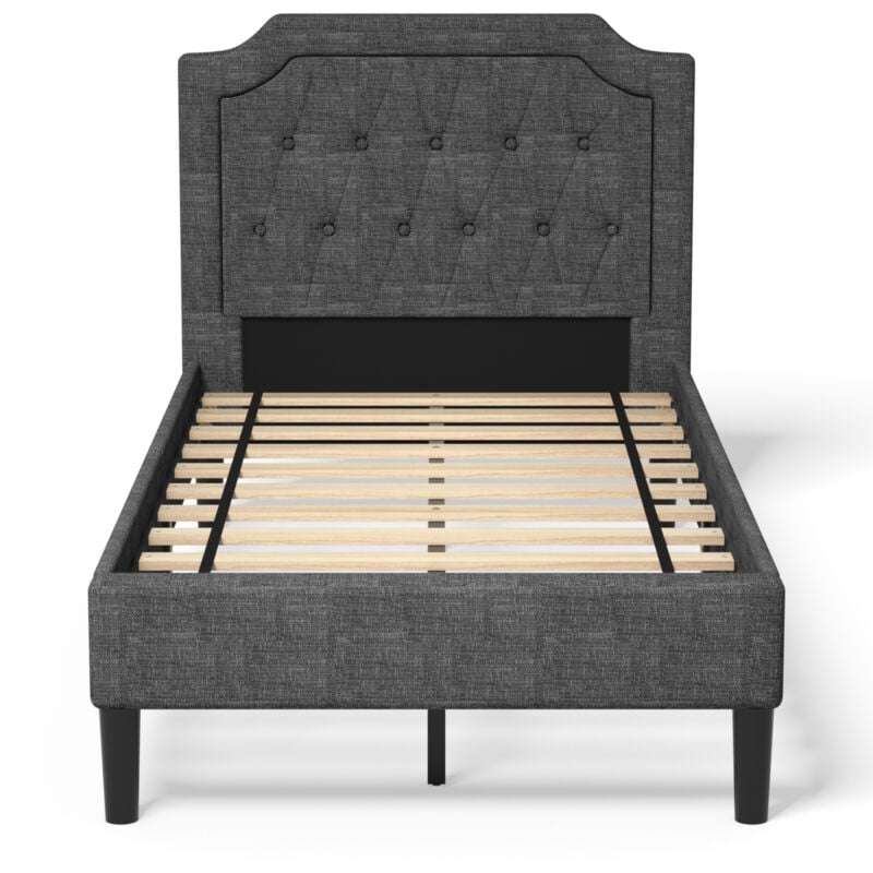 Furnibear Twin Bed Frame, Linen Upholstered Platform Bed Frame with Button Tufted Headboard and Wood Slat Support for Bedroom, Gray