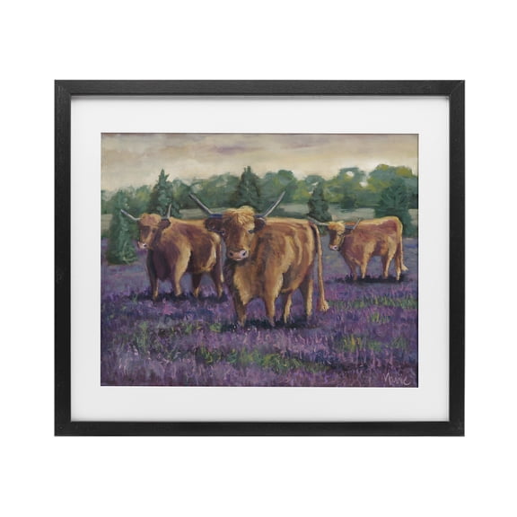 Purple Fields & Cows Black Framed Print Under Glass, design by Marnie Bourque