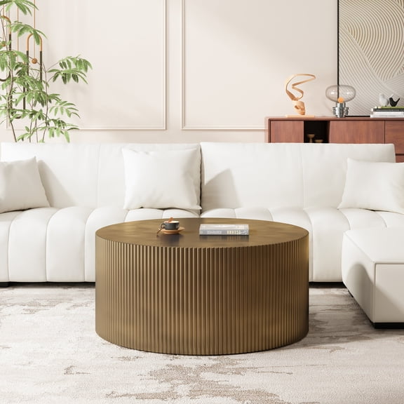 Dasun 35.83" Drum Coffee Table, Modern Round Coffee Table, Minimalist Wave Stripe Circle Coffee Table for Living Room, Bedroom, Antique Gold