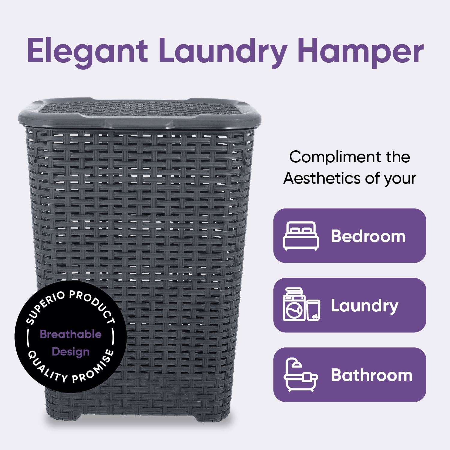 Laundry Basket, Laundry Hamper with Lid, Large 60-liter Wicker Style Hamper with Cutout Handle, to Storage Dirty Clothes in Washroom, Bathroom, Bedroom, or Dorm Room, Grey Color. By Superio