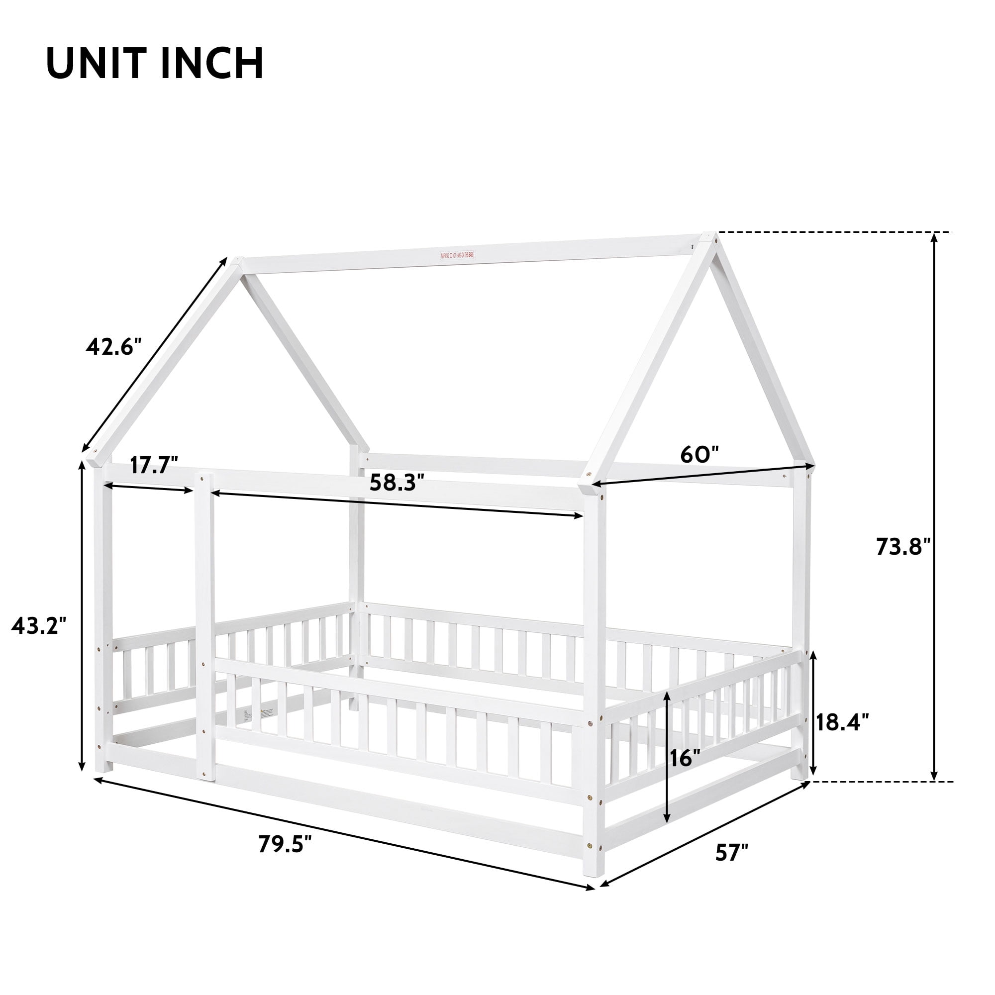 Miniyam Full Size Toddler Bed , Wood Floor House Bed with Rail for Kids, White