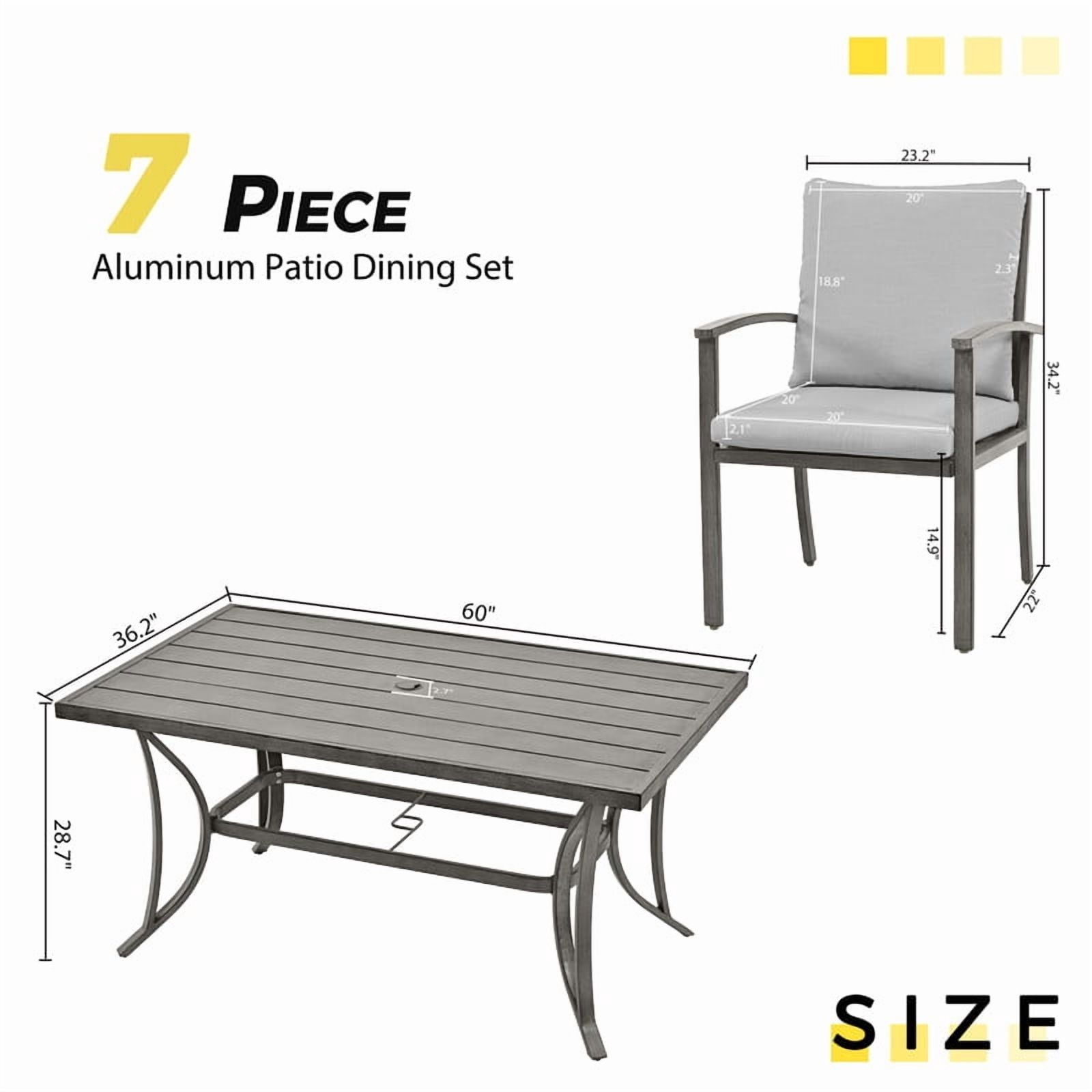 7-Piece All-Aluminum Outdoor Dining Set, Patio Dining Set for 6 Includes Rectangle Table with Umbrella Hole & 6 Chairs