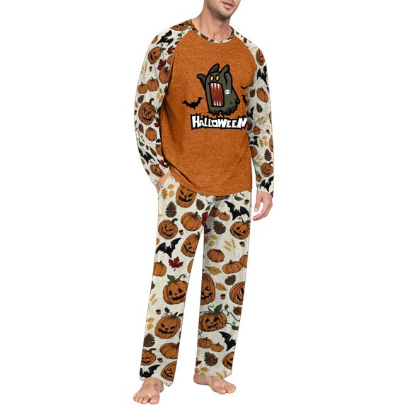 Men's Halloween Pajama Set Long Sleeve Raglan Soft Cotton Loungewear with Letter Top & Full Length Pants for Home Night Beige L