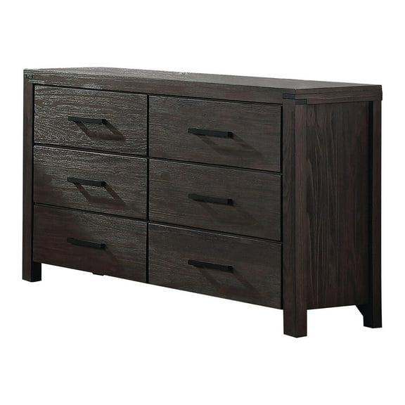 Benjara 58 Inch Classic Wood Dresser with 6 Drawers, Metal Bar Handles, Dark Brown