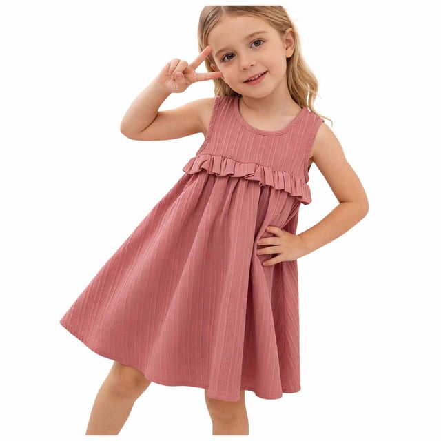 sertiohcv Robe Fille Enfants Manches Courtes Décontractée Coupe Ample Robes Maxi Robe Bébé Fille Été Lin à Volants Sans Manches Robes Décontractées Enfants Rose Taille pour 4-5 Ans