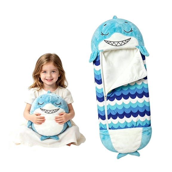 KKL Kids 2-in-1 Foldable Blue Shark Sleeping Bag - 63"*24" Plush Soft Nap Sack for Toddlers, Home/Camping, M Size