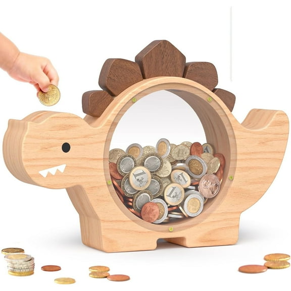 Wooden Dinosaur Piggy Bank for Kids Boys, Cute Wood Dino Money Bank for Toddlers, Creative Saving Coin Jar, Unbreakable Wood Coin Bank, Personalized Present for Child Birthday & Decor, Natrul Wood