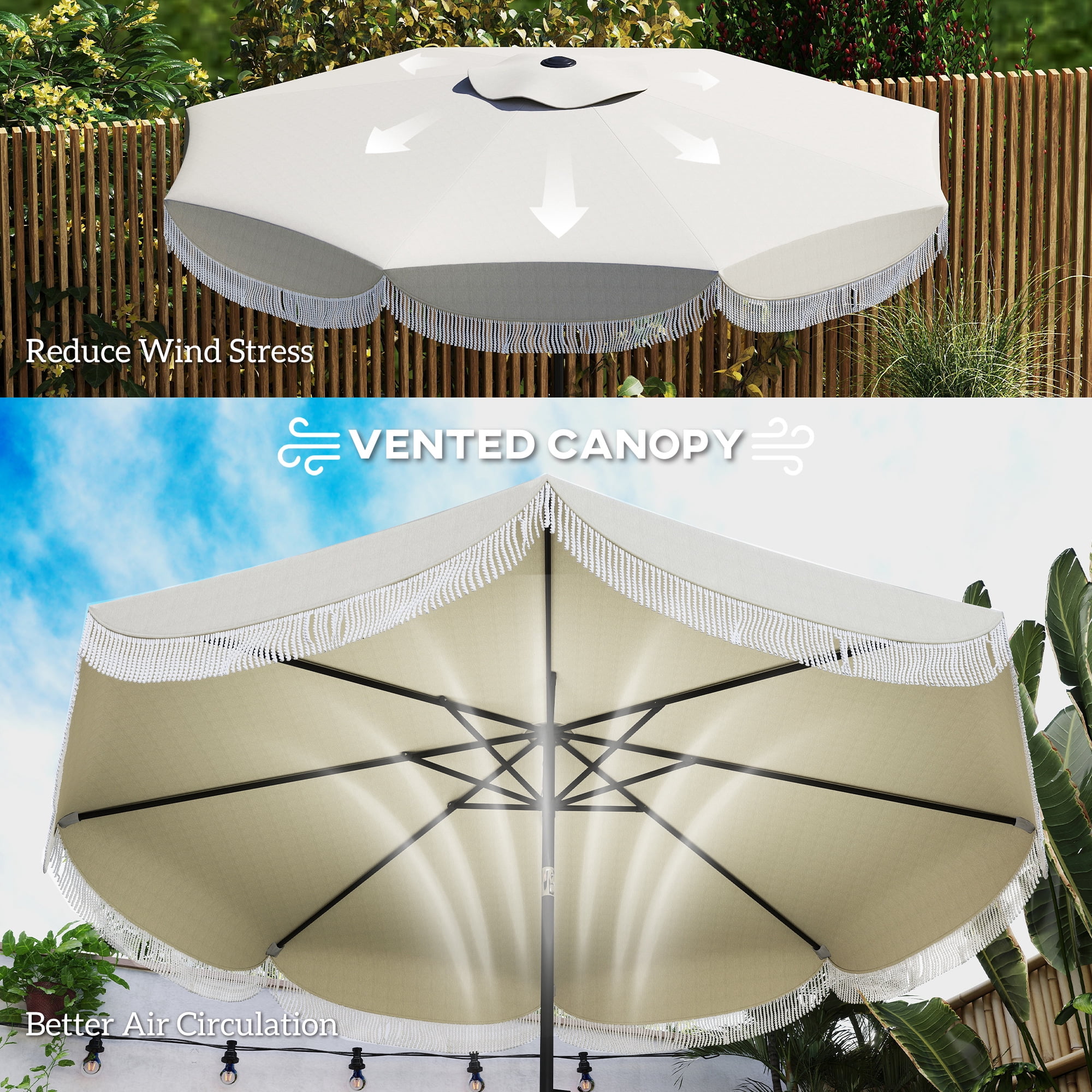 Outsunny 9FT Patio Umbrella, UPF 30+ Outdoor Market Umbrella, Vented Patio Table Umbrella with Crank, 8 Ribs, Push Button Tilt, Light Gray