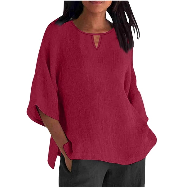 Vestidos Casuales Para Mujer, Blusas De Mujer De Moda Blusa de lino y imitación de cuello redondo con mangas 3/4 para mujer