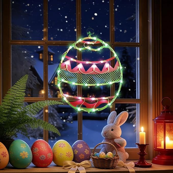17 Inch Lighted Easter Egg Window Silhouette, Green Base with Pink Chevron Stripes