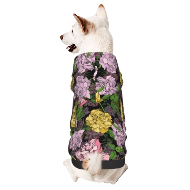 Lsque Colorful Roses Pattern Small Dog Sweater Hoodies Pet Grey Hooded Soft Fleece Sweatshirts with Pocket Fall Winter Puppy Cat Sweaters Warm Clothes-Medium