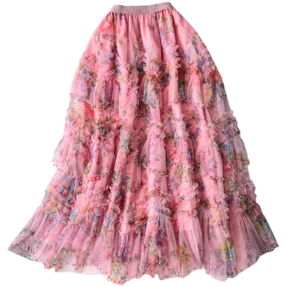 Women Floral Print Long Skirt Elastic High Waist Skirt irregular hem Mesh Skirt Pleated Dress Elegant Streetwear Tulle Skirt