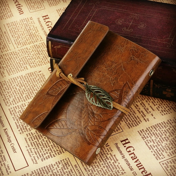 WHAMVOX PU Leather Cover Notebook with Leaf Pattern for Writing and Travel Journaling Size S 15x10 cm