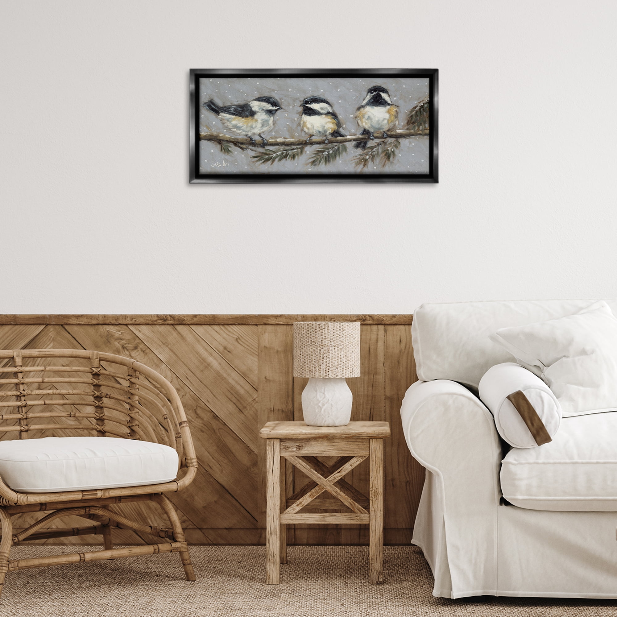 Stupell Industries Winter Bird Trio Animals & Insects Painting Black Floater Framed Canvas Art Print Wall Art, 25 x 11