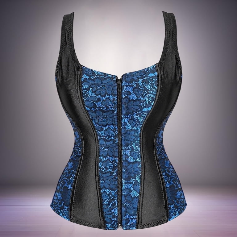Satin Lace Panel Zip Front Wide Strap Overbust Corset Steel Boned
